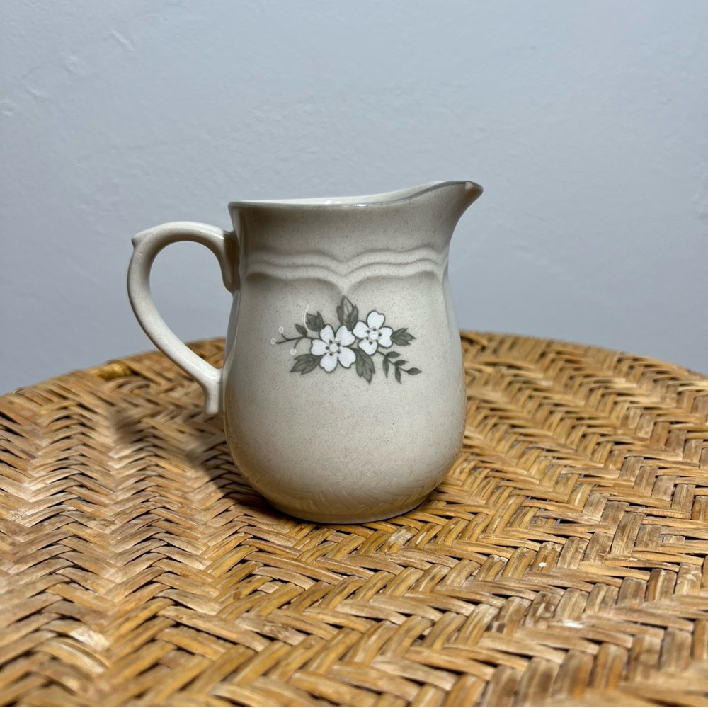 Vintage Japan Stoneware Creamer Pitcher Gray White Floral Cottagecore Farmhouse